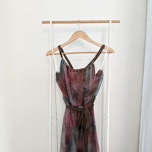 Trinity pink green brown watercolor leopard print midi cocktail halter dress M